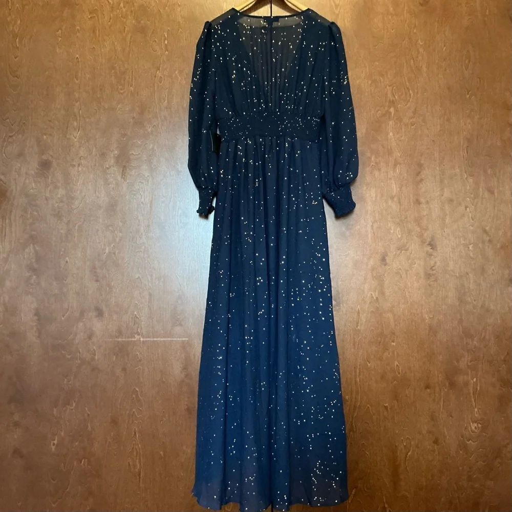 Soieblu Semi Sheer High Low Lined Maxi Dress Navy Button Up Sparkly Gold Dots L - Picture 6 of 8